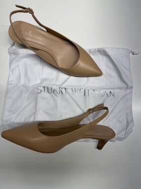 Stuart Weitzman Mara 50 Leather Slingback Kitten Heels Pump Shoes Beige Size 7.5